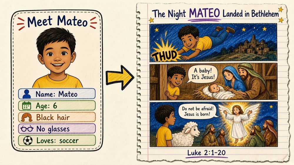 Quiz card for Mateo (black hair, no glasses) becomes The Night Mateo Landed in Bethlehem