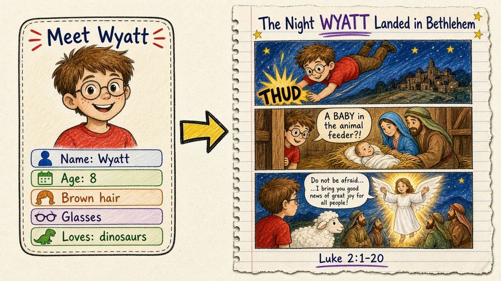 Quiz card for Wyatt (brown hair, glasses) becomes The Night Wyatt Landed in Bethlehem