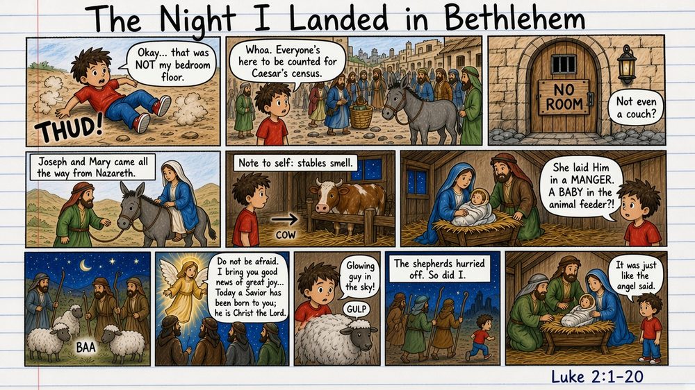 Full-color sample comic page: your child in Bethlehem at the nativity (ages 8-14 version)